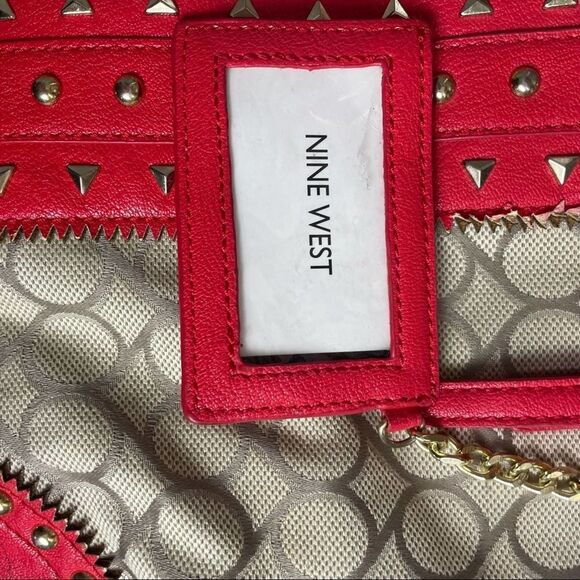 Nine West Beige Red Gold Studded Tote medium Shoulder Bag Circles Multi Pockets - Picture 9 of 13